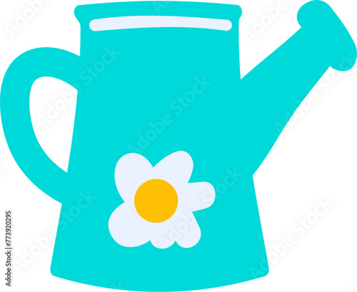 Green garden watering can for watering spring seedlings, plants. Bright childish careless illustration for design of festive spring banner. Flat hand drawn vector element isolated on white background