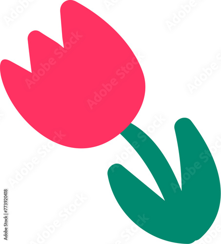 Red blooming tulip drawn by child. Bright childish careless illustration for design of festive spring banner. Flat hand drawn vector element isolated on white background