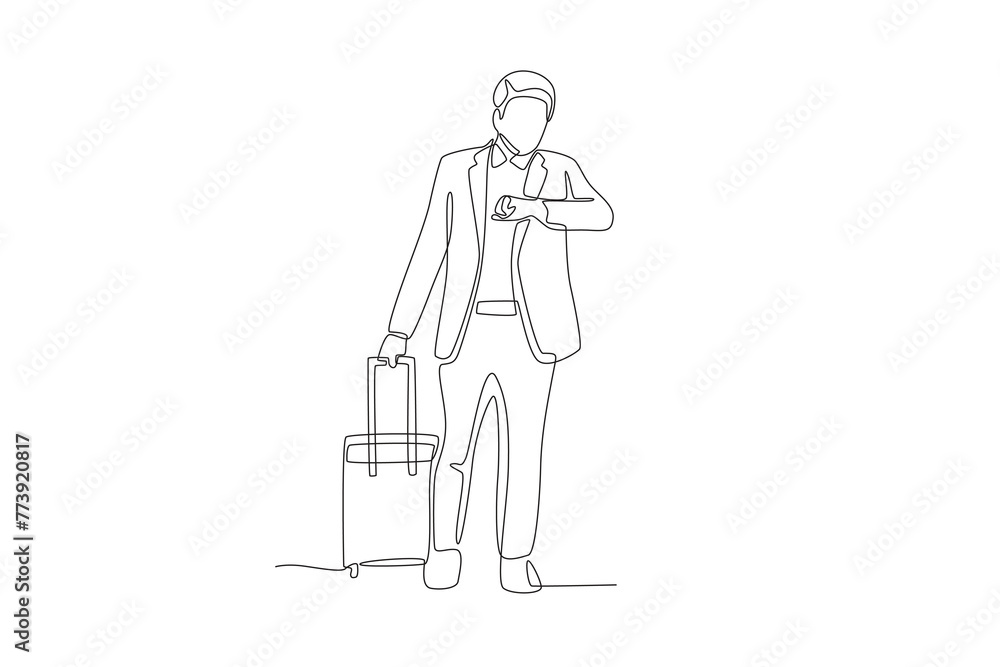 man going on a business trip looking at his watch.Business travel one-line drawing