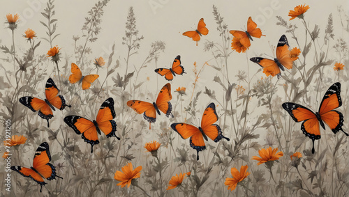 Graceful wildflowers and vibrant orange butterflies captured in delicate strokes.