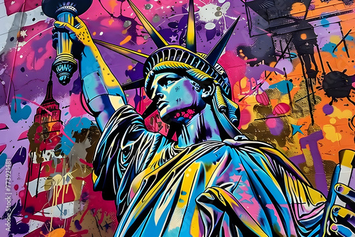 graffiti on wall with statue of liberty