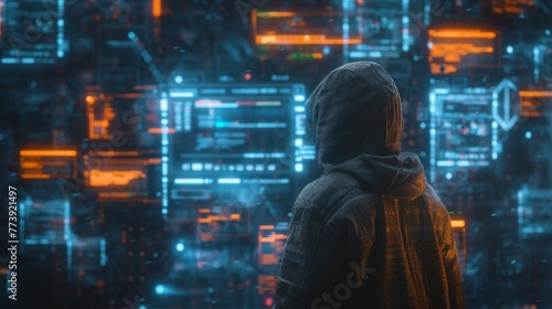 A figure in a hood  their identity hidden in the depths of cyberspace  manipulates digital information across multiple glowing interfaces  engaged in covert cyber operations.