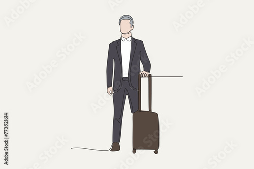 man going on business trip standing with suitcase.colored.Business travel one-line drawing