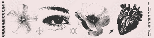 Grunge photography set with female eye, human heart and summer flowers. Y2k retro halftone collage element collection pop art magazine style cutout objects. Isolated vector illustration.