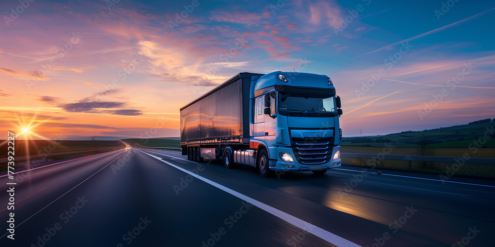 delivery cargo trucks driving in motion on highway road in country field and sunset landscape concept of lorry logistic freight transportation business - obrazy, fototapety, plakaty 