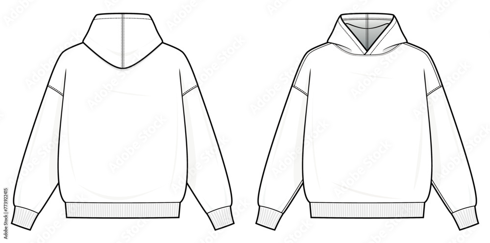 Hoodie technical fashion illustration. hoodie vector template illustration. front and back view. Regular fit. drop shoulder. unisex. white color. CAD mockup. - obrazy, fototapety, plakaty 