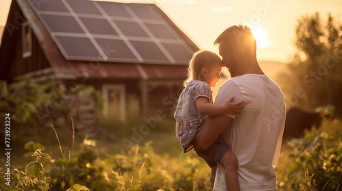 In the serene countryside setting, a father cradles his daughter in his arms, proudly showcasing their cozy farmhouse adorned with solar panels