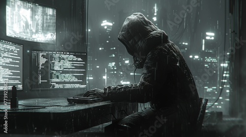 An anonymous figure sits hunched over a keyboard in a hood, their fingers rapidly typing in a rhythm of secrecy and urgency. The room is engulfed in  photo