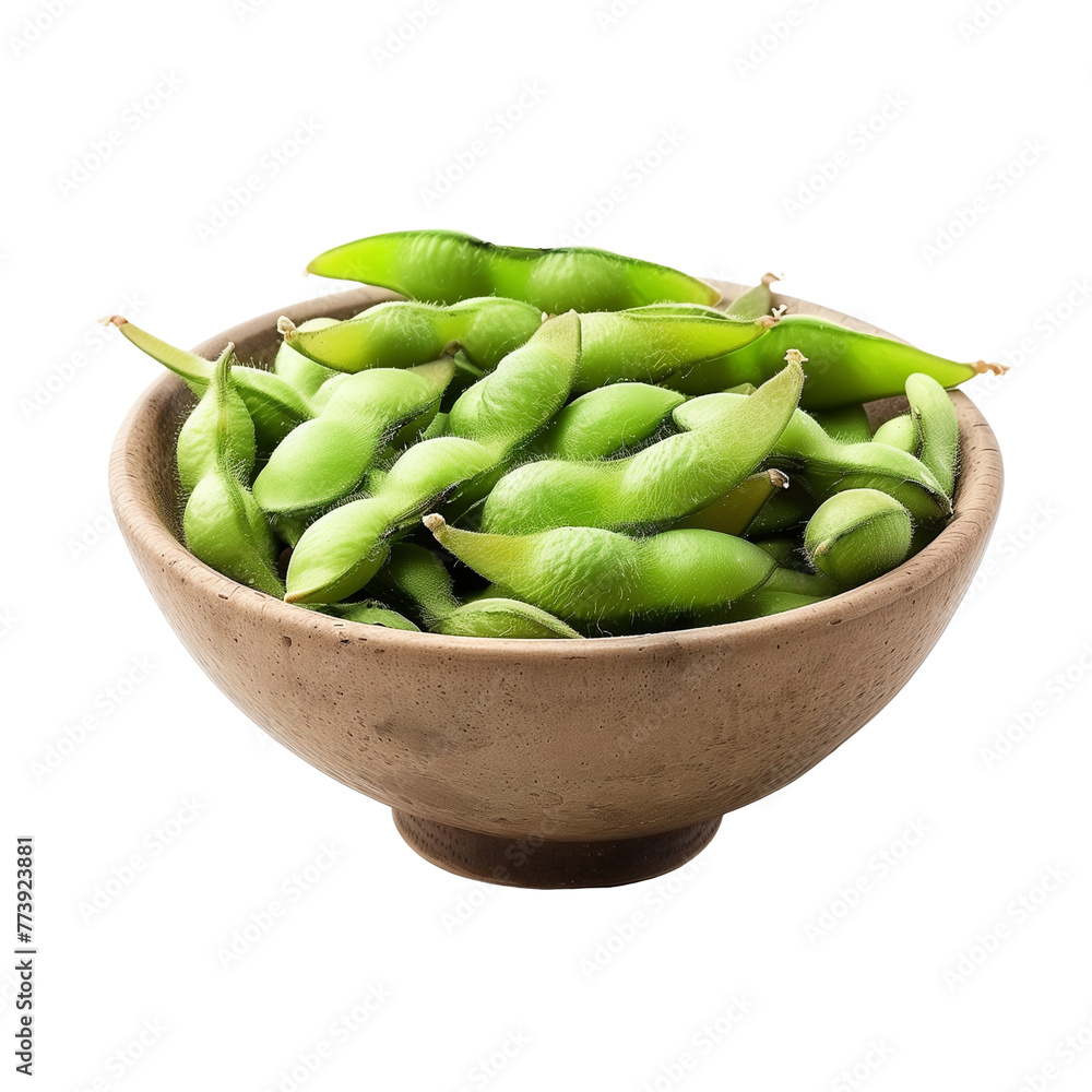 Steamed edamame beans lightly salted, served in a rustic bowl, epitomizing a simple yet protein-rich vegan snack, isolated on transparent background Steamed edamame beans lightly salted, served in a rustic bowl, epitomizing a simple yet protein-rich vegan snack, isolated on transparent background
