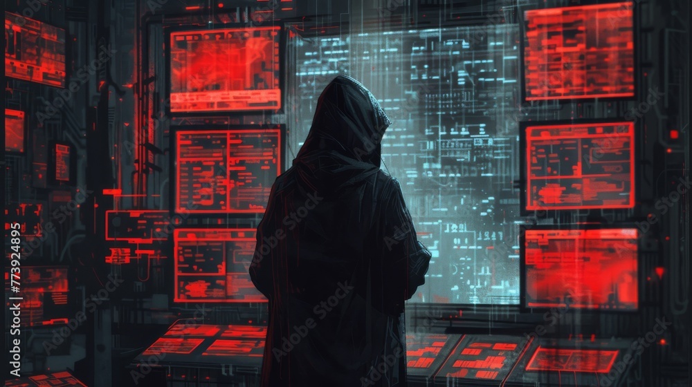 n a digital underworld, a shadowy figure clad in a hoodie orchestrates ...