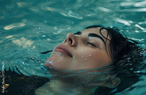 A person floating in the water with their eyes closed, enjoying the soothing feeling of swimming and relaxing. © EMRAN