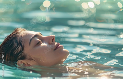 A person floating in the water with their eyes closed, enjoying the soothing feeling of swimming and relaxing.