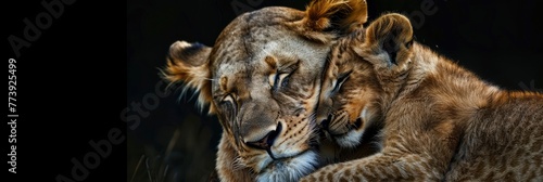 A lioness cuddles with her cub, showing love and care.