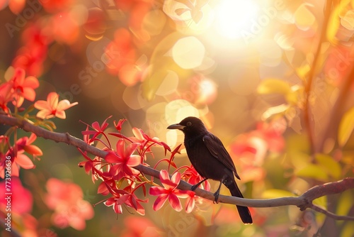 Sinhala New Year Erythrina Fusca Flowers with black Asian koel bird and a sun, photo