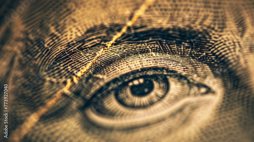 The all-seeing eye, a Masonic symbol of omniscience, prominently features on the US one-dollar bill, encapsulated within a golden triangle, signifying power and enlightenment photo