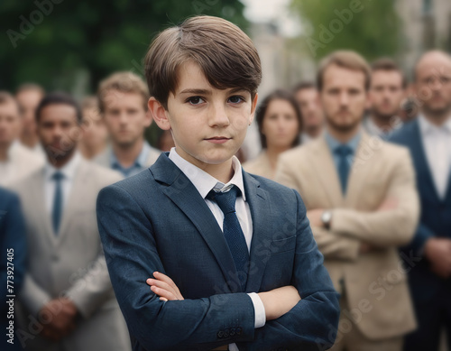 A young boy in a suit and tie stands in front of a crowd of people.