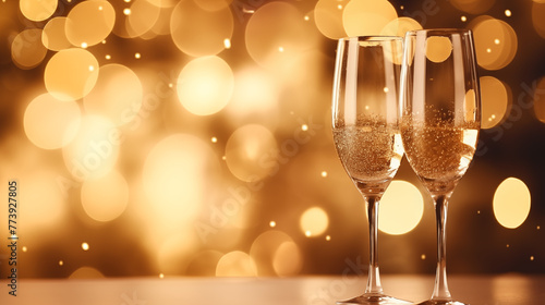 Champagne for festive cheers set against a background of golden sparkling bokeh. Glasses of sparkling wine in front of a delicate, bright gold bokeh. Horizontal background suitable for celebrations an