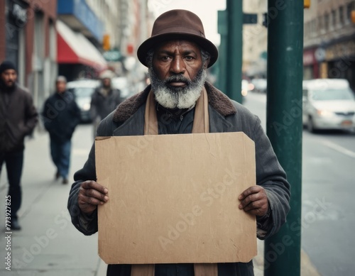 A man holding a cardboard sign on a street corner