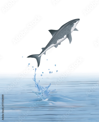 un poisson requin blanc qui saut et sort de l'eau avec splash photo