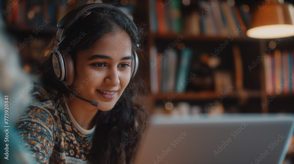 A woman sits at a desk with headphones on her head, engrossed in her work on a laptop, the glow of the screen illuminating her focused expression A woman sits at a desk with headphones on her head, engrossed in her work on a laptop, the glow of the screen illuminating her focused expression