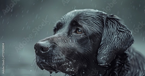 Labrador, wet fur, close-up after swim, droplets in sharp focus, cool tones, serene mood. 