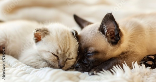 Siamese kitten, paw on sleepy puppy, close-up, cozy, soft focus, heartwarming tones. 