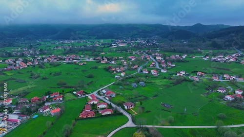 Aerial view from a drone of Monte Candina and the town of Liendo. Liendo Valley in the Eastern Coastal Mountains. Cantabrian Sea. Autonomous community of Cantabria, Spain, Europe photo