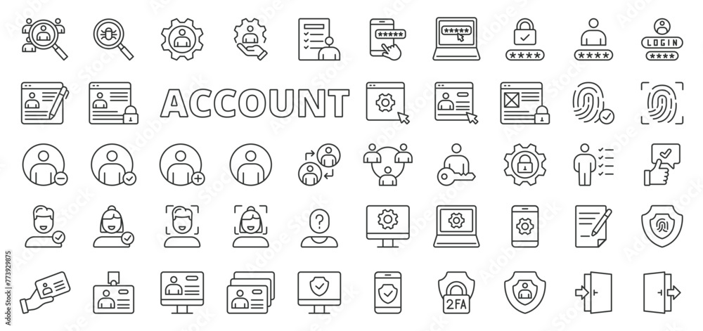 Account icons in line design. User, login, password, username, social, verification, sign up, sign in, registration, users isolated on white background vector. Account editable stroke icons. - obrazy, fototapety, plakaty 