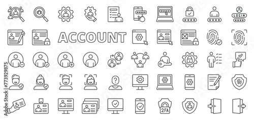 Account icons in line design. User, login, password, username, social, verification, sign up, sign in, registration, users isolated on white background vector. Account editable stroke icons. photo
