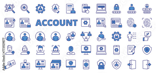 Account icons in line design, blue. User, login, password, username, social, verification, sign up, sign in, registration, users isolated on white background vector. Account editable stroke icons. photo