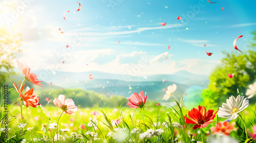 Blooming flowers in a vibrant meadow  petals dancing in the wind against a backdrop of rolling hills and a clear blue sky  capturing the essence of spring   s renewal.