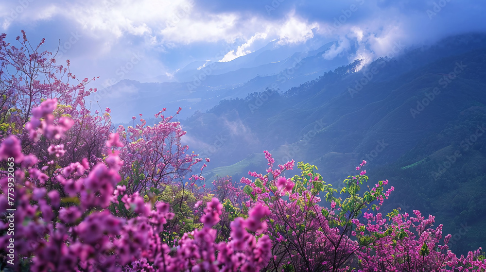 Blooming pink rhododendron flowers against misty mountain range, spring landscape. Nature's beauty and serenity concept for design and print. Vibrant flora with scenic mountain backdrop Blooming pink rhododendron flowers against misty mountain range, spring landscape. Nature's beauty and serenity concept for design and print. Vibrant flora with scenic mountain backdrop