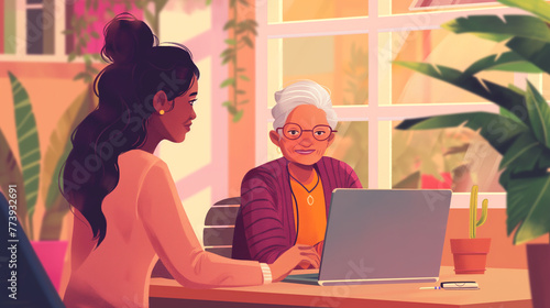 a cartoon of a woman working on a laptop with a woman looking at her laptop