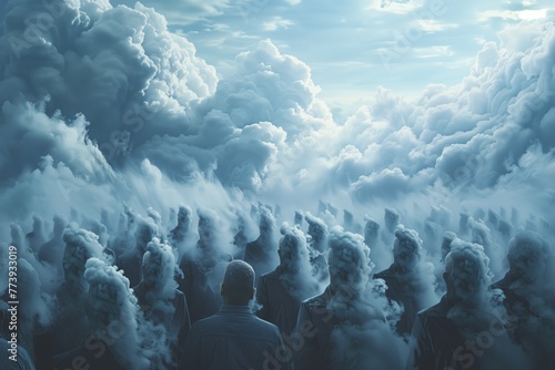 Crowd of people in fog, clouding of mind, propaganda, influence, public opinion,
