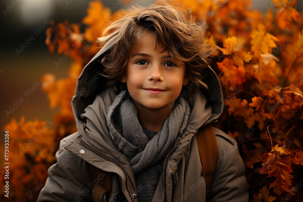 Outdoor portrait of handsome 10 year old kid boy, wearing warm jacket, looking straight at camera, posing on city street Outdoor portrait of handsome 10 year old kid boy, wearing warm jacket, looking straight at camera, posing on city street