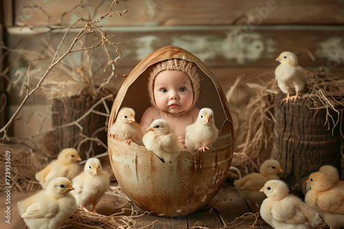 fêtes pascales, bébé avec un bonnet en laine sur la tête dans une coquille d'œuf cassée, entouré de petits poussins jaunes dans un poulailler. Pâques humoristique, 