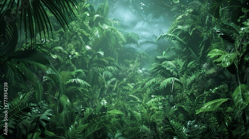 Enchanting Tropical Rainforest Landscape with Lush Greenery and Misty Atmosphere
