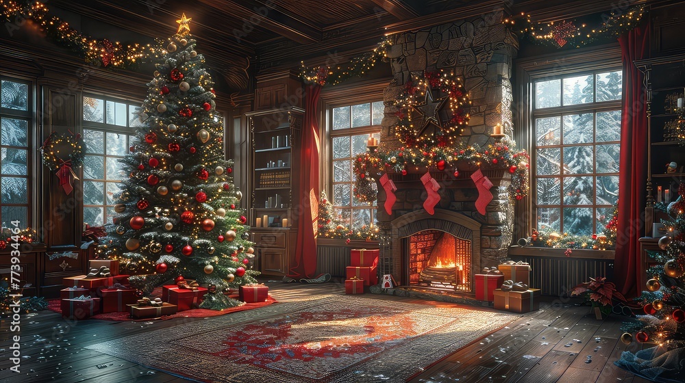 Christmas. Glowing fireplace, hearth, tree. Red stockings. Gifts and decorations.
