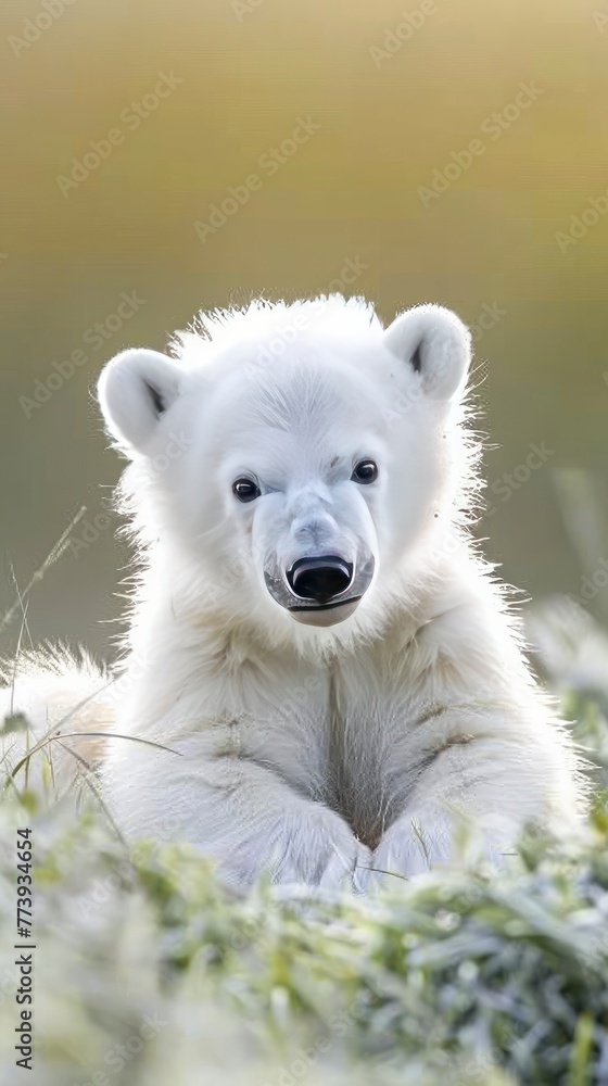 A cute baby polar bear cub playing in the grass. A cute baby polar bear cub playing in the grass.