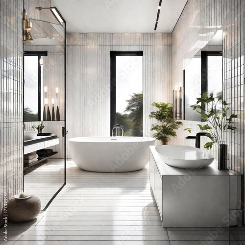 stylish bathroom featuring floor-to-ceiling white tiles and contemporary fixtures  bathed in soft  ambient light