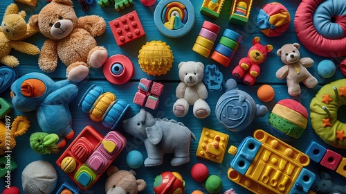 Collection of toys, blocks, teddy bears