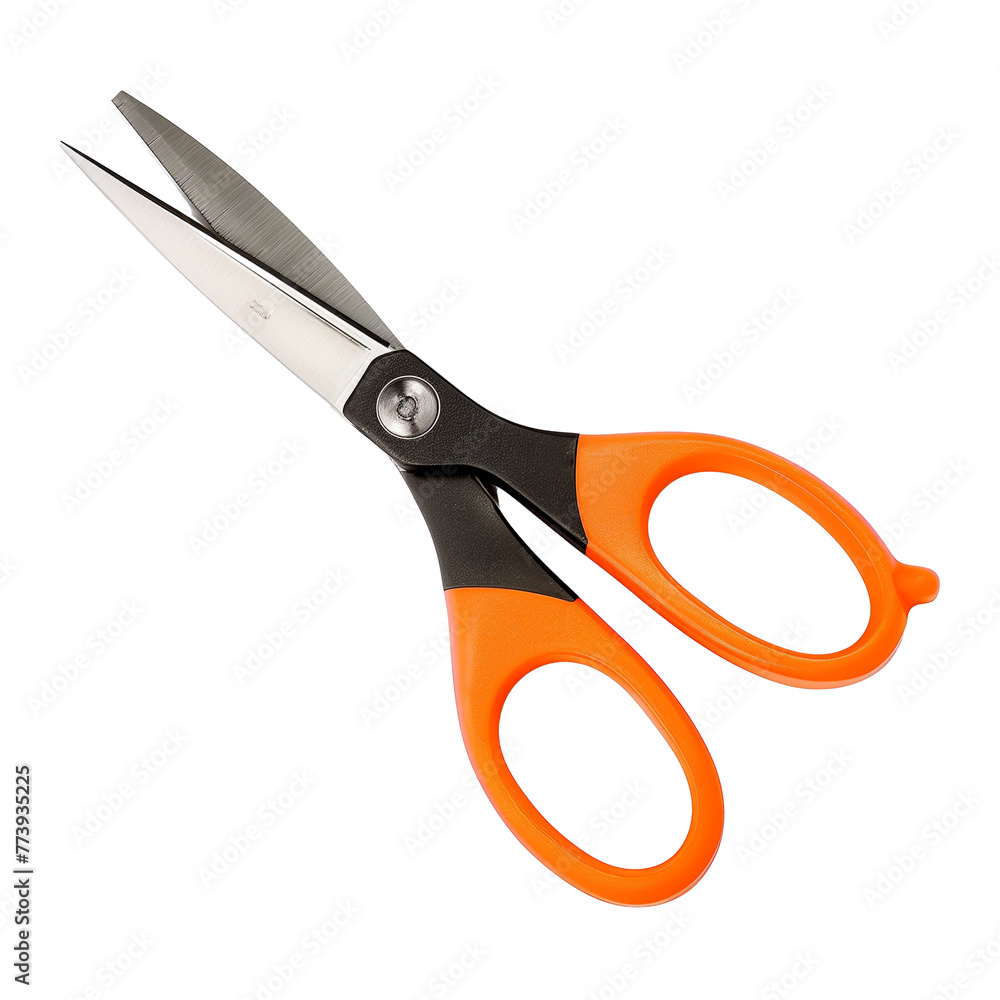 A pair of scissors with bright orange handles, open slightly, signifying craft and creativity in education, isolated on transparent background A pair of scissors with bright orange handles, open slightly, signifying craft and creativity in education, isolated on transparent background
