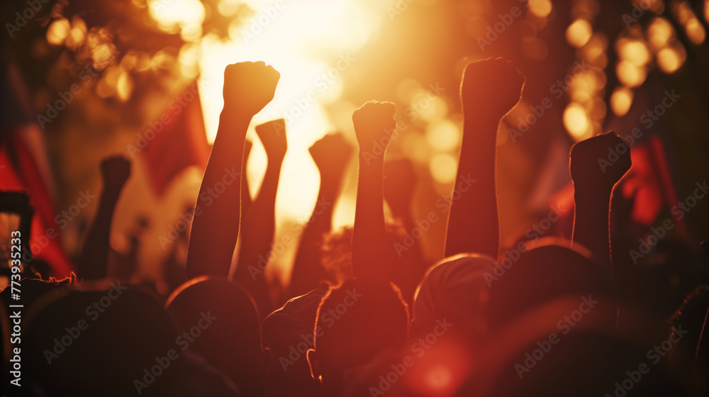 A crowd of people are holding up their fists in the air. Concept of unity and victory - obrazy, fototapety, plakaty 