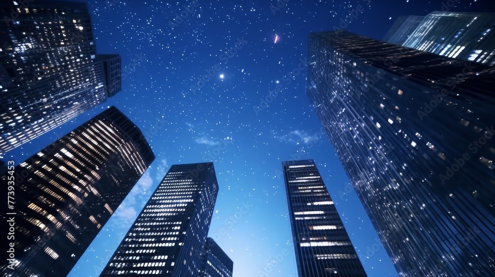 Urban Skyscrapers at Night With Starry Sky Urban Skyscrapers at Night With Starry Sky