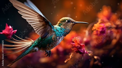 hummingbird feeding on a flower, Trochilinae Birds © Dxire