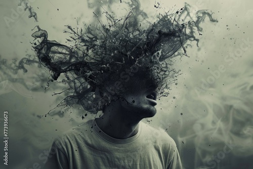 Surreal imagery depicting a person's head exploding into fragments, symbolizing psychological turmoil photo