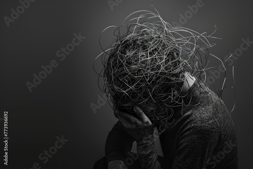 Monochrome image of a person with chaotic wires on head, symbolizing mental disorder