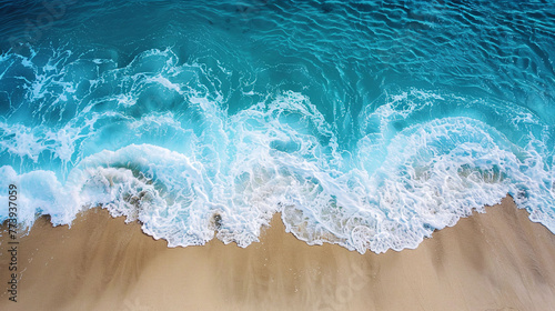Aerial view of crystal clear wave rolling onto a sandy beach, tranquil ocean scene. Marine tranquility and summer getaway concept for design and print. Top down perspective with gentle surf © Luna_Scarlet