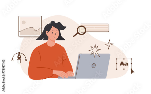Female graphic designer working on a computer. Creative digital illustrator at work doing research and drawing at graphic editor. Woman freelancer working on her laptop. Vector isolated illustration.