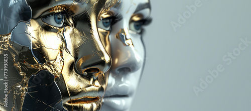 Two faces with gold and silver paint on them. One face is broken and the other is whole. lady with partially metallic and normal skin looking to the camera in an Abstract shape photo